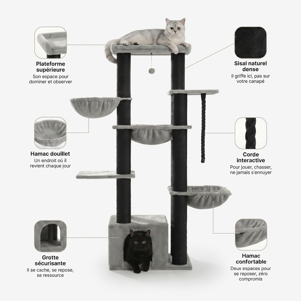 Arbre à Chat Multi-Niveaux avec Maison & Hamacs