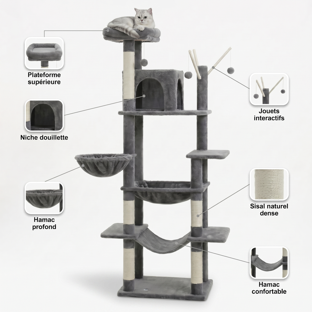Arbre à Chat Grand avec Maison Double, Hamacs & Jouets