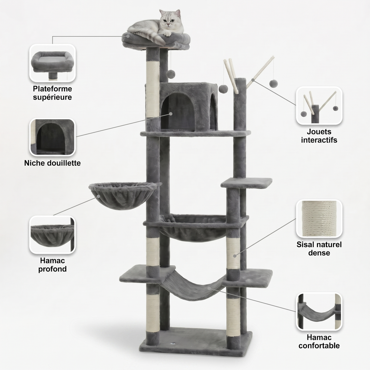 Arbre à Chat Grand avec Maison Double, Hamacs & Jouets