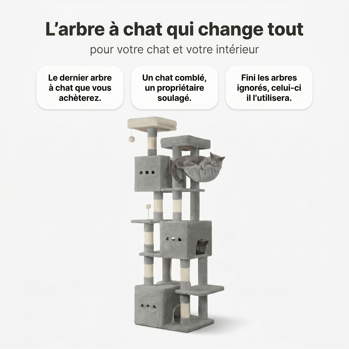 Arbre à Chat Triple Maison avec Corbeille & Griffoirs