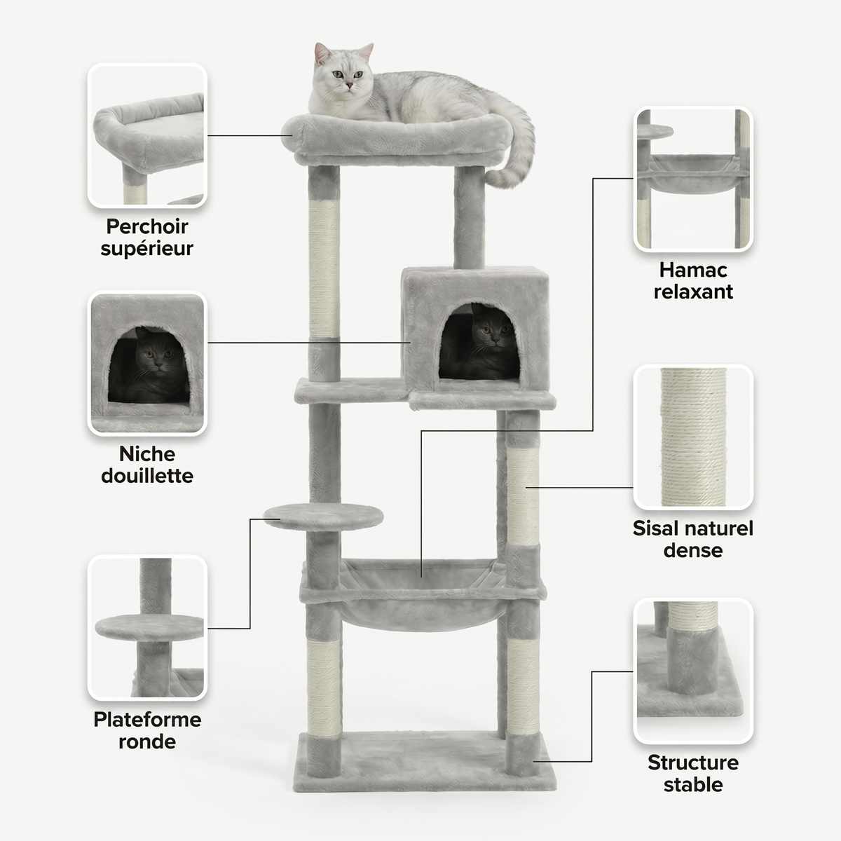 Arbre à Chat avec Maison, Hamac Large & Griffoirs Sisal