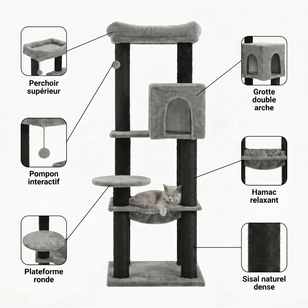 Arbre à Chat Design avec Maison Double Arche & Hamac