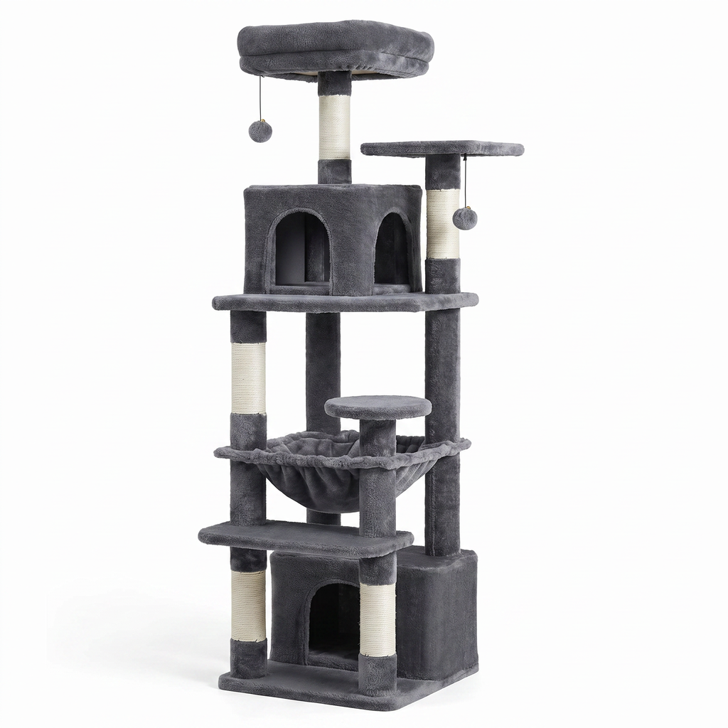 Arbre à Chat Multi-Niveaux avec Double Maison, Hamac & Jouets