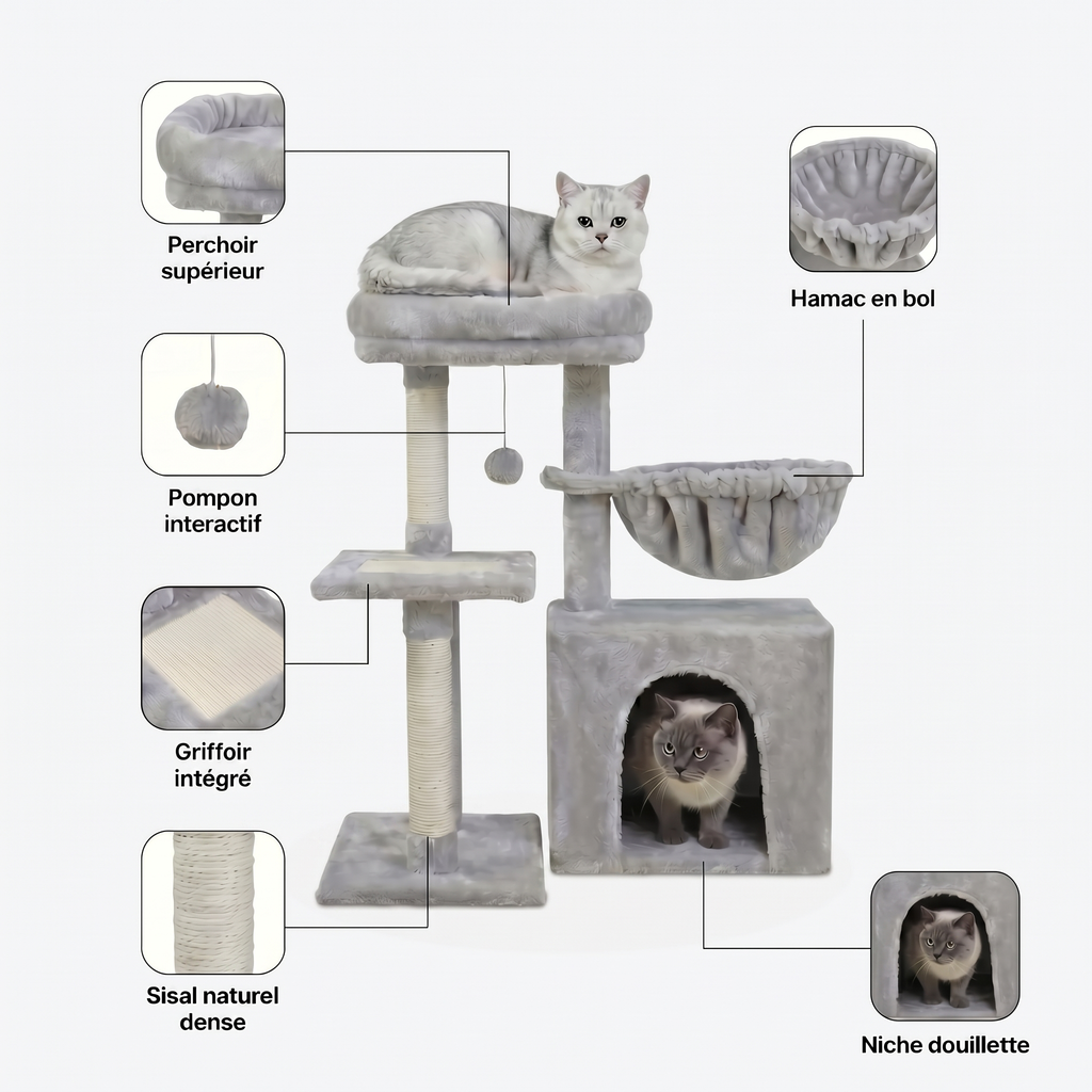Arbre à Chat avec Maison, Grand Nid & Griffoir Intégré