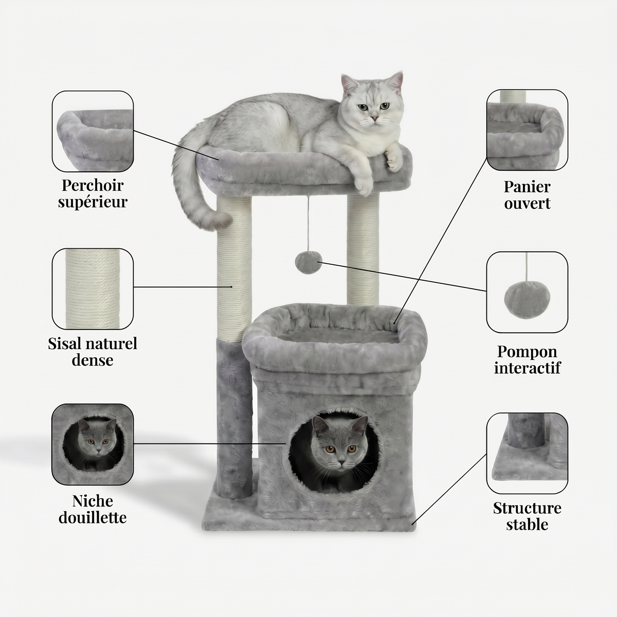 Arbre à Chat Minimaliste avec Maison & Perchoir Douillet