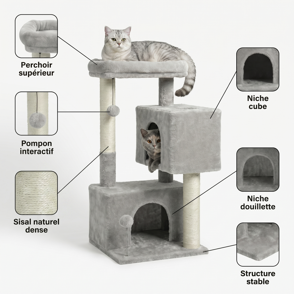 Arbre à Chat Compact avec Double Maison & Griffoirs Sisal
