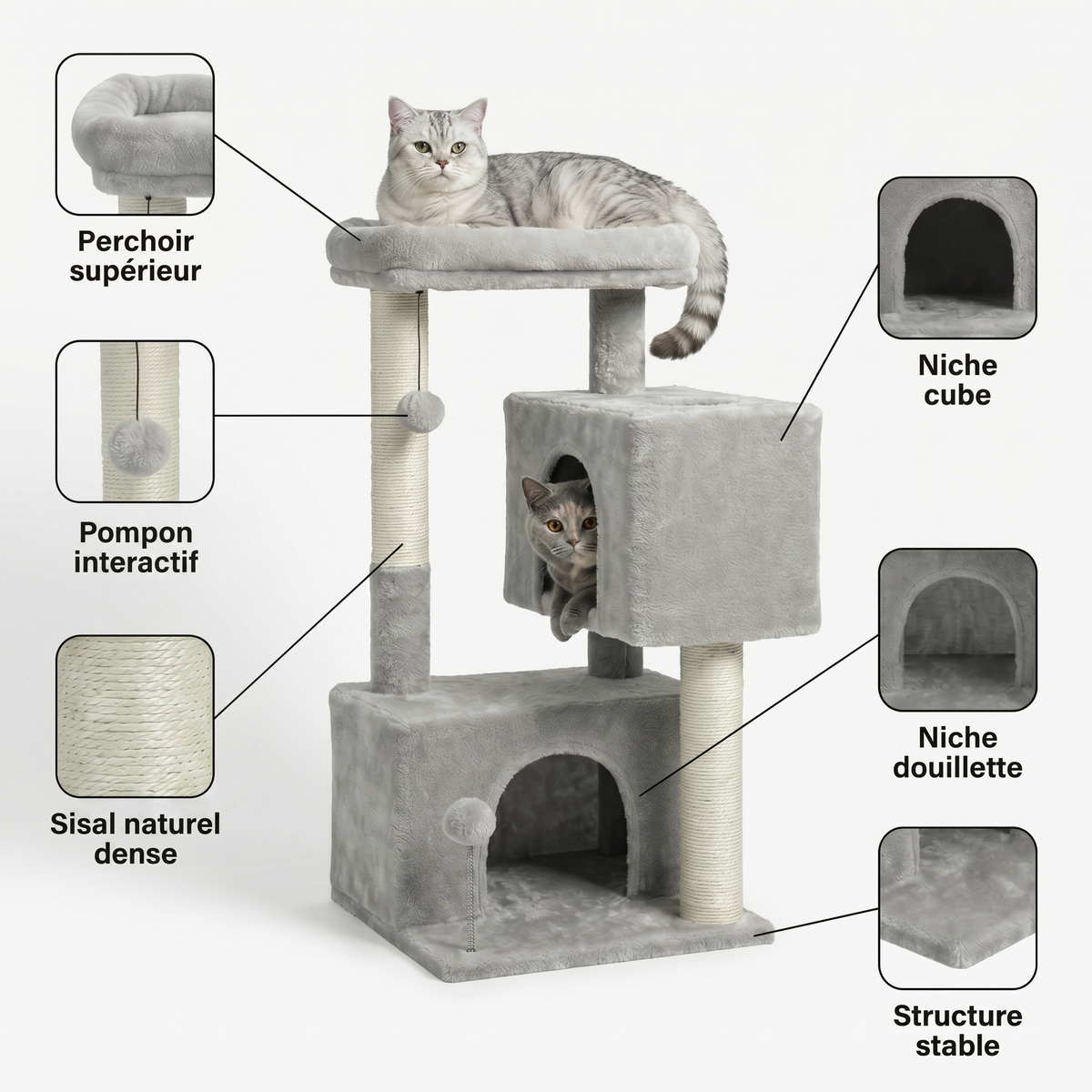 Arbre à Chat Compact avec Double Maison & Griffoirs Sisal