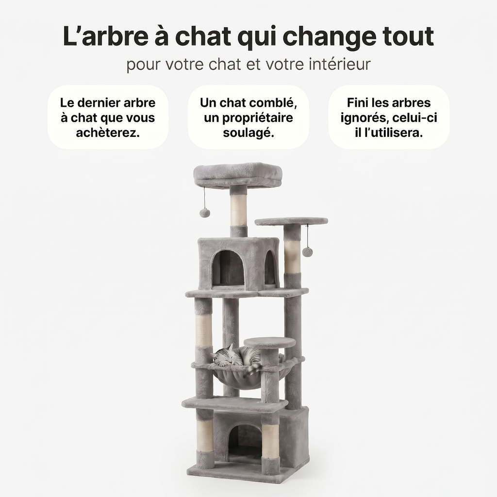 Arbre à Chat Multi-Niveaux avec Double Maison, Hamac & Jouets