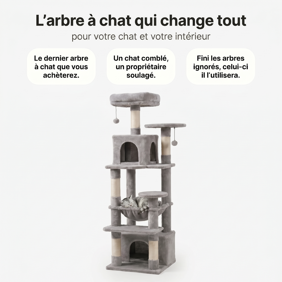 Arbre à Chat Multi-Niveaux avec Double Maison, Hamac & Jouets