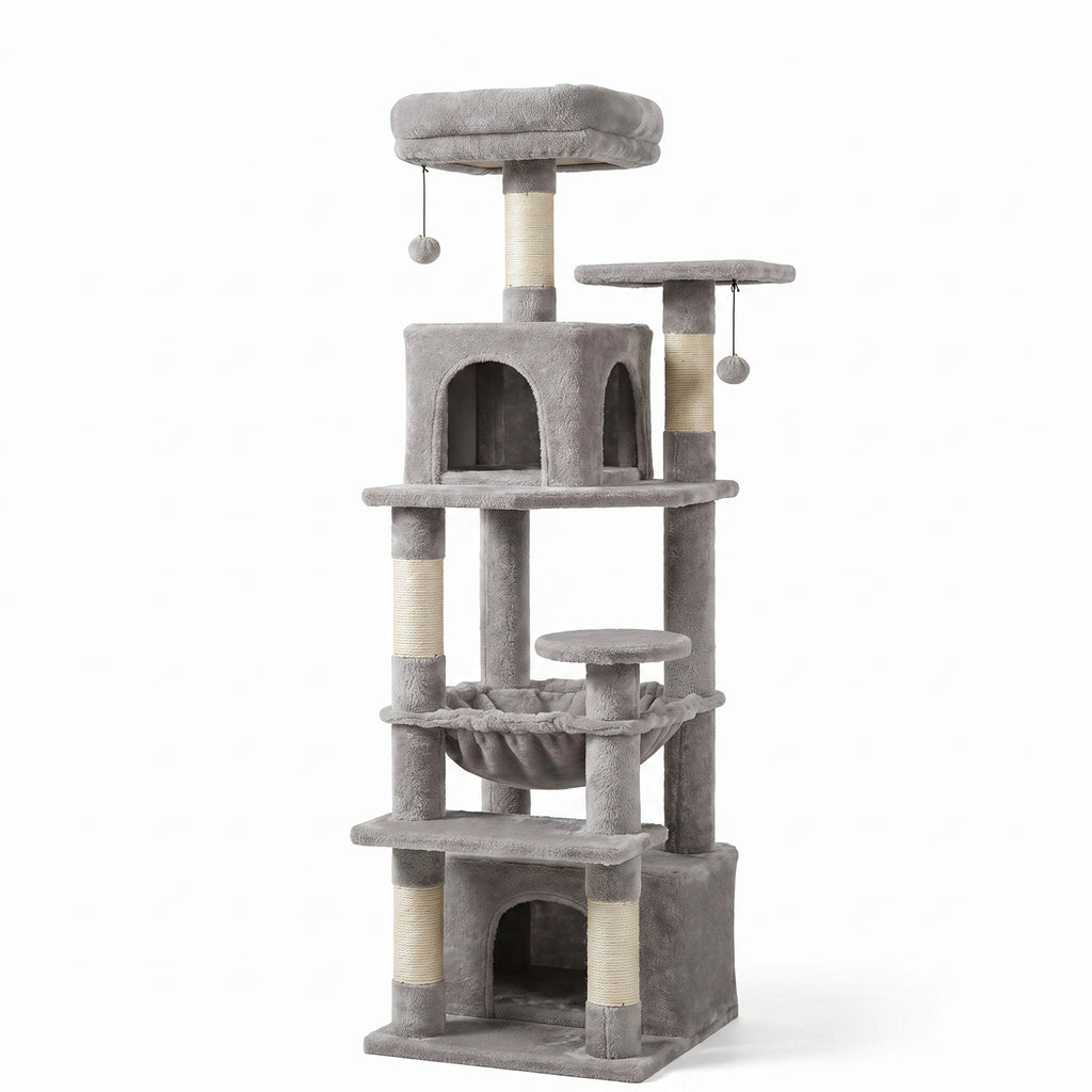 Arbre à Chat Multi-Niveaux avec Double Maison, Hamac & Jouets