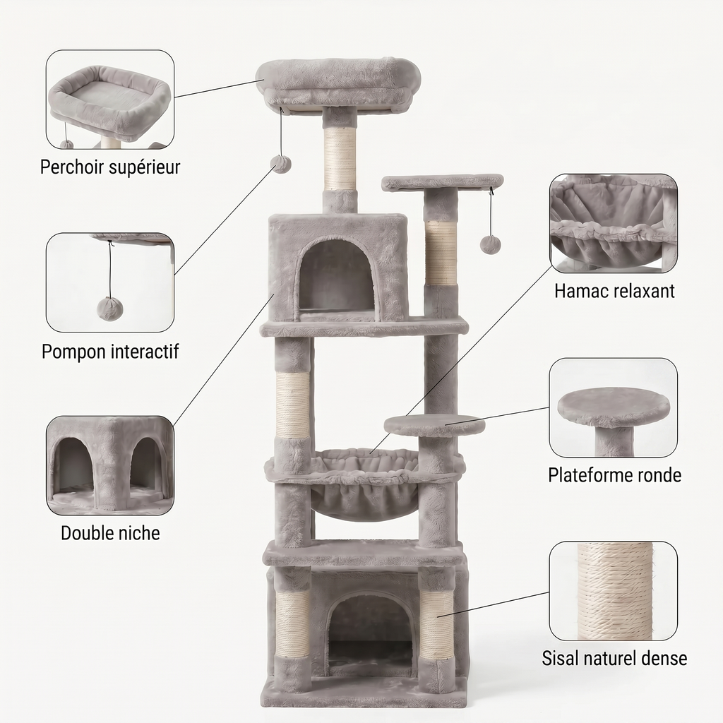 Arbre à Chat Multi-Niveaux avec Double Maison, Hamac & Jouets