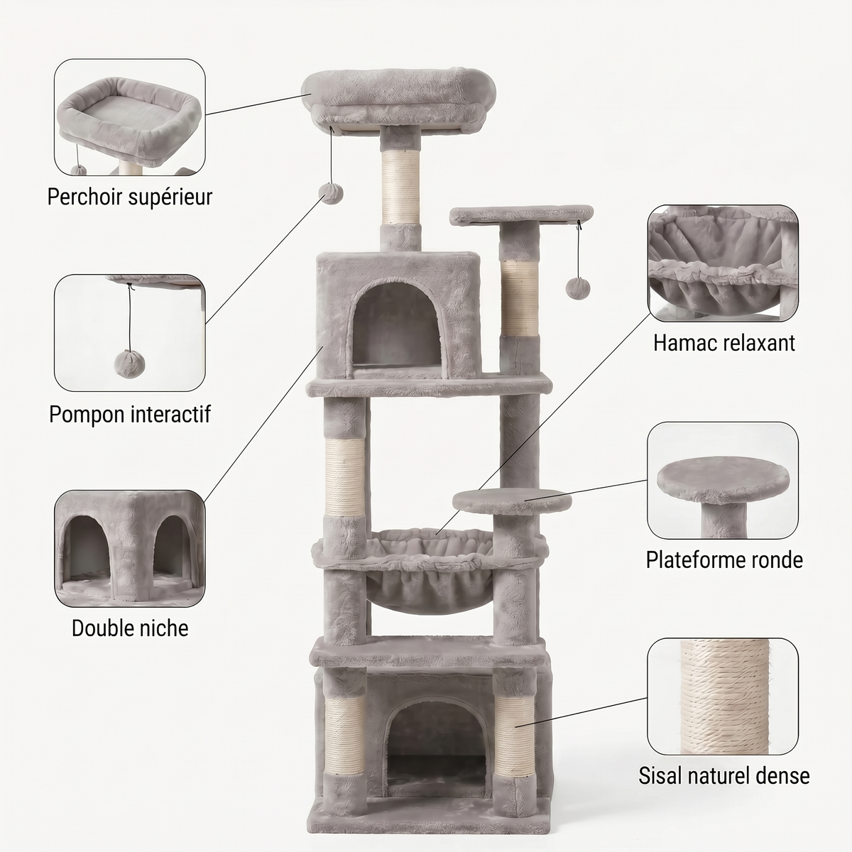 Arbre à Chat Multi-Niveaux avec Double Maison, Hamac & Jouets